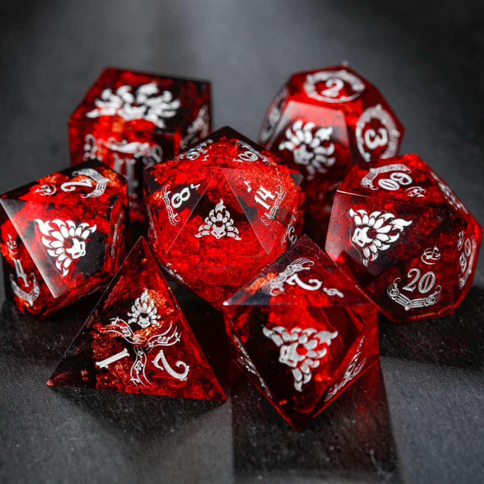 Black Red Fox-themed DnD dice